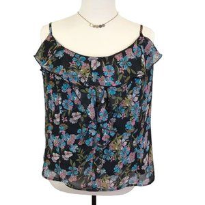 Pure Energy Womens Blue Floral Lined Ruffle Adjustable Strap Sleeve Blouse 3X